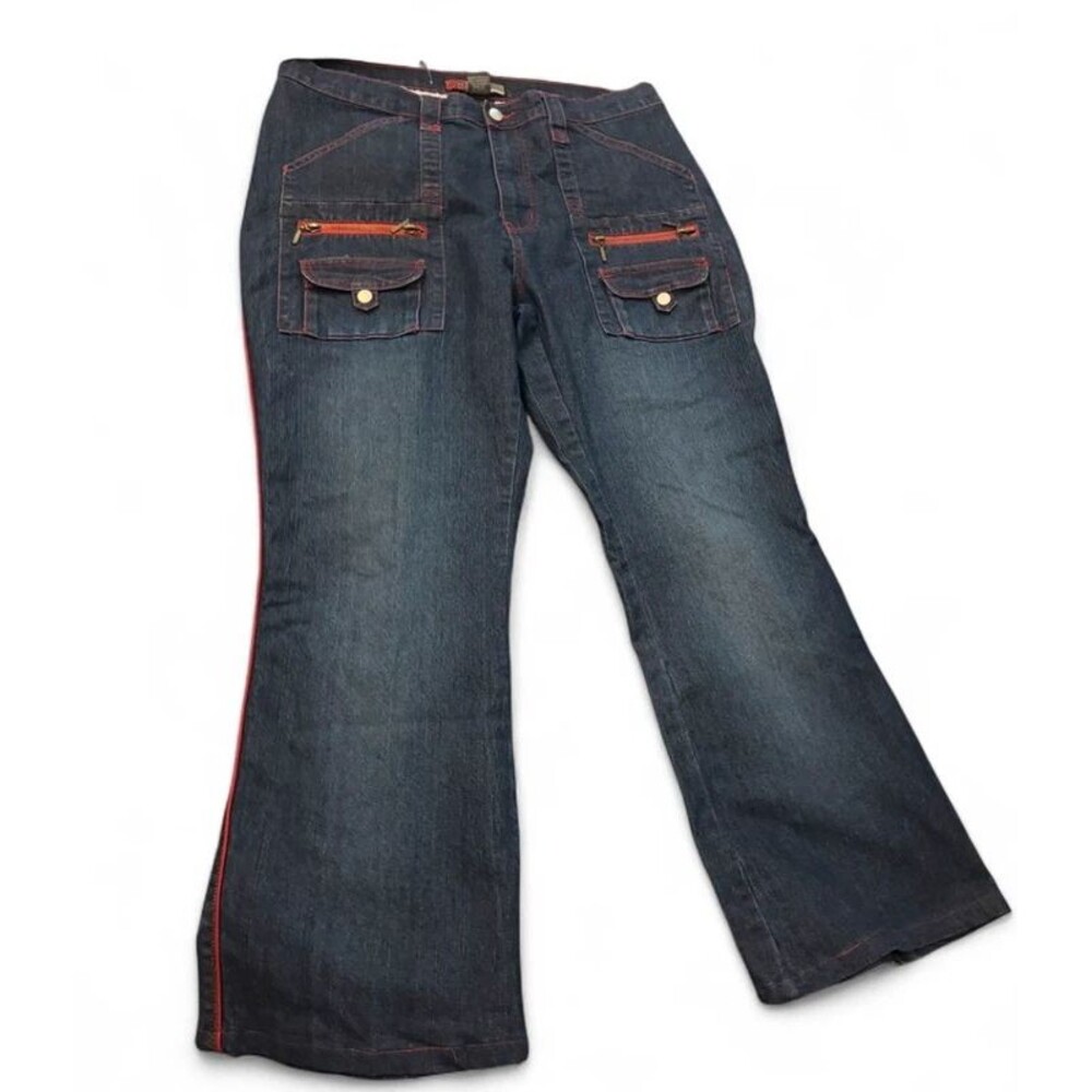 Vintage Y2K Neeso Dark Wash Red Stitching Cargo Flare Jeans